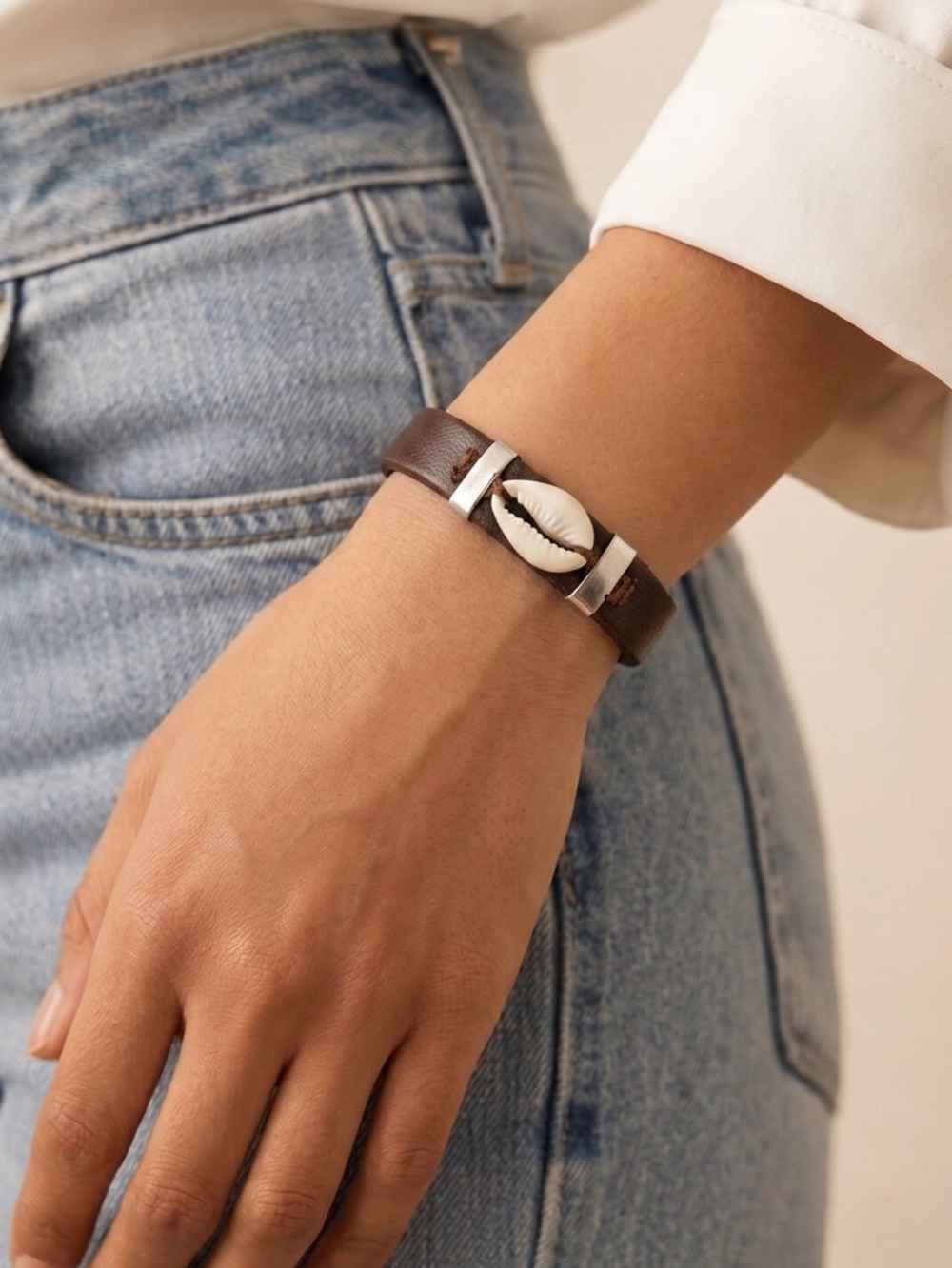 Handcrafted Brown Leather Cowrie Shell Bracelet